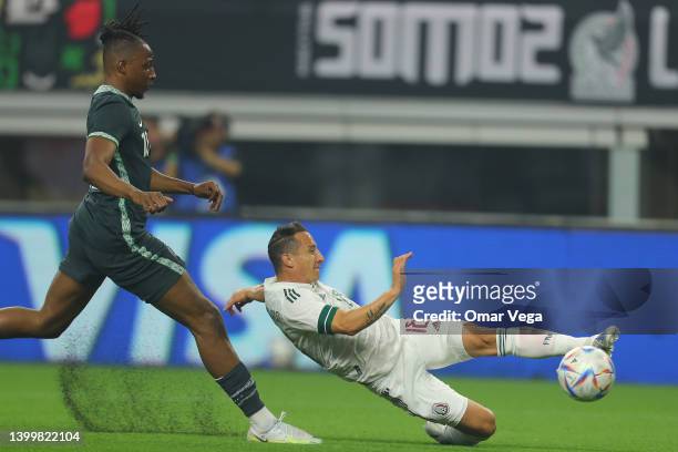 Captain Andrés Guardado of Mexico shoots to goal during the friendly match between Mexico and Nigeria at AT&T Stadium on May 28, 2022 in Arlington,...