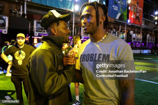 Antonio Brown and Julio Jones talk during Fan Controlled Football Season v2.0 - Week Seven on May 28, 2022 in Atlanta, Georgia.