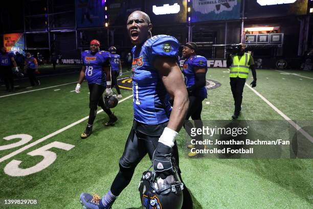 Terrell Owens of the Knights of Degen reacts during the second half against the 8OKI during Fan Controlled Football Season v2.0 - Week Seven on May...