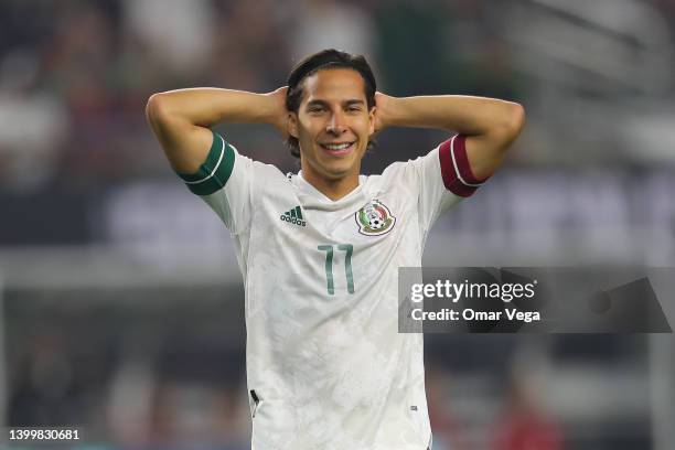 Diego Lainez of Mexico reacts after missing a chance to score during the friendly match between Mexico and Nigeria at AT&T Stadium on May 28, 2022 in...