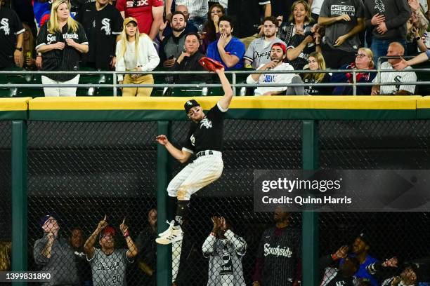 Adam Engel of the Chicago White Sox makes the catch to rob the Chicago Cubs a home run in the ninth inning at Guaranteed Rate Field on May 28, 2022...