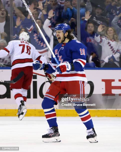 Artemi Panarin of the New York Rangers celebrates his third period powerplay goal against the Carolina Hurricanes in Game Six of the Second Round of...