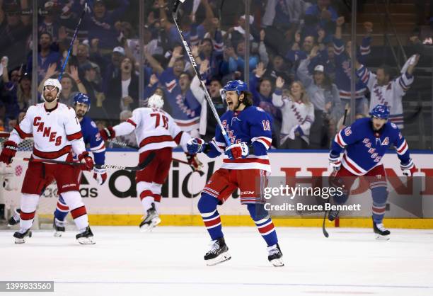 Artemi Panarin of the New York Rangers celebrates his third period powerplay goal against the Carolina Hurricanes in Game Six of the Second Round of...