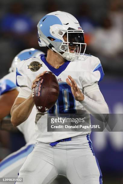 Kyle Sloter of the New Orleans Breakers looks to pass the ball in the first quarter of the game against the Michigan Panthers at Protective Stadium...