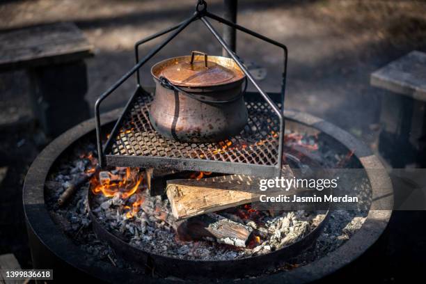 preparing food on cauldron fire in scandinavian forest - marmite photos et images de collection