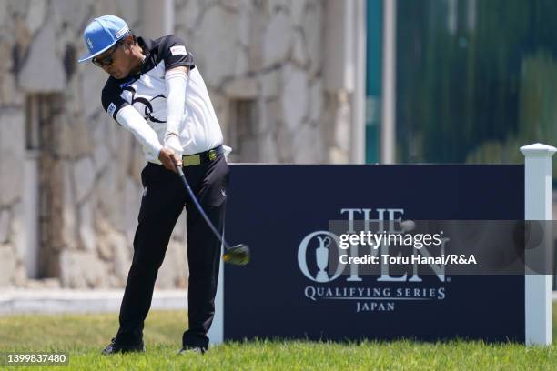 Shingo Katayama of Japan hits his tee shot on the 10th hole during The Open Qualifying Series, part of the Mizuno Open at JFE Setonaikai Golf Club on...