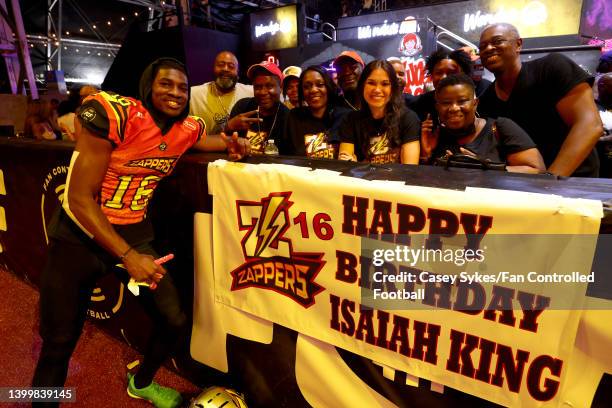 Isaiah King of the Zappers poses for a photo with fans during Fan Controlled Football Season v2.0 - Week Seven on May 28, 2022 in Atlanta, Georgia.