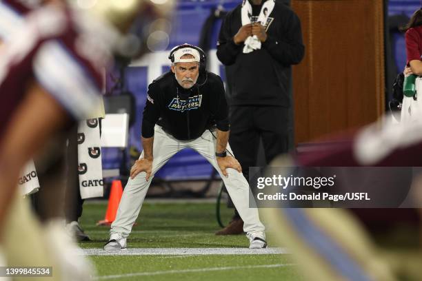 Head coach Jeff Fisher of the Michigan Panthers watches a play from the sideline in the third quarter of the game against the New Orleans Breakers at...