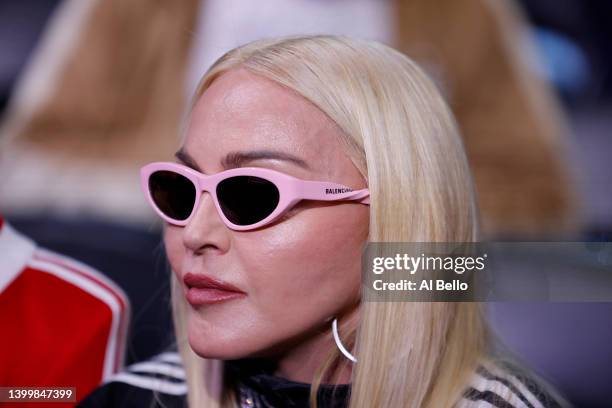 Entertainer Madonna looks on during the Gervonta Davis vs Rolando Romero fight for Davis' WBA World lightweight title at Barclays Center on May 28,...