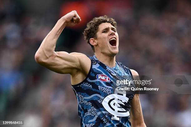 Charlie Curnow of the Blues celebrates kicking a goal during the round 11 AFL match between the Collingwood Magpies and the Carlton Blues at...