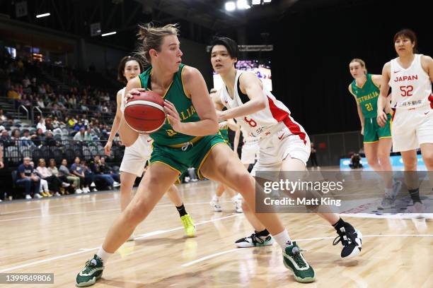 Sara Blicavs of the Opals is challenged by Himawari Akaho of Japan during game two of the International Women's series between Australian Opals and...