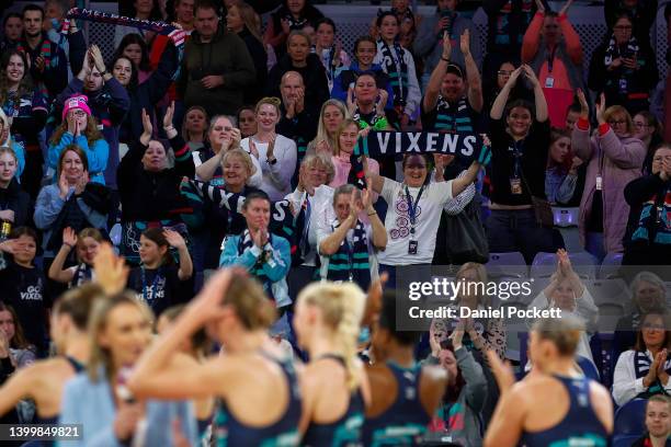 Vixens fans cheer after winning the round 12 Super Netball match between Melbourne Vixens and Sunshine Coast Lightning at John Cain Arena, on May 29...