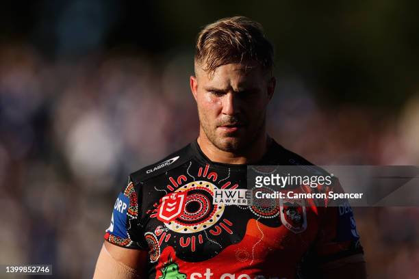 Jack De Belin of the Dragons looks on during the round 12 NRL match between the Canterbury Bulldogs and the St George Illawarra Dragons at Belmore...