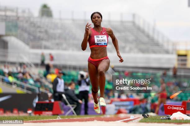 Khaddi Sagnia of Sweden competes in the women's long jump during the Wanda Diamond League Prefontaine Classic at Hayward Field on May 28, 2022 in...