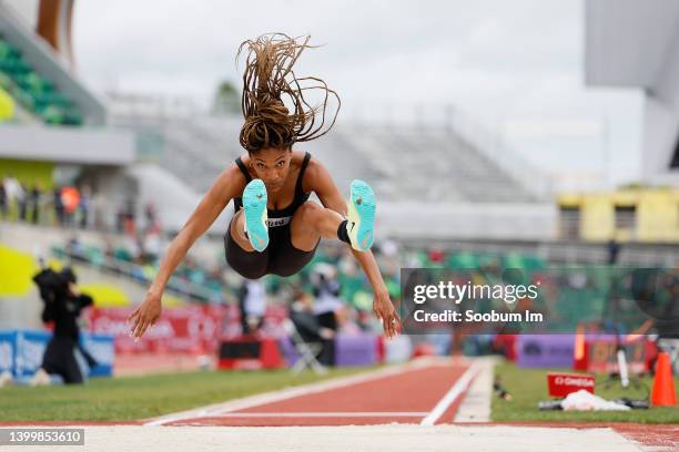 Tara Davis of the United States competes in the women's long jump during the Wanda Diamond League Prefontaine Classic at Hayward Field on May 28,...