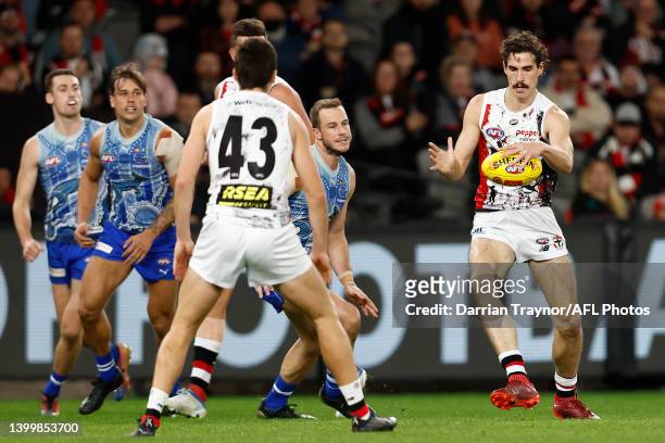 Max King of the Saints kicka a gaol during the round 11 AFL match between the St Kilda Saints and the North Melbourne Kangaroos at Marvel Stadium on...