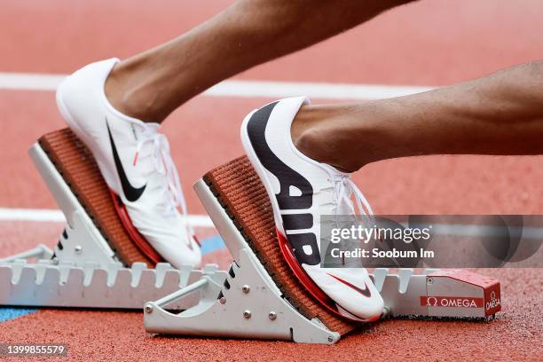 Detailed view of the Nike running spikes of Khallifah Rosser during the Wanda Diamond League Prefontaine Classic at Hayward Field on May 28, 2022 in...