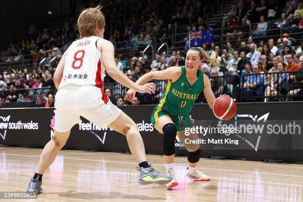 Tess Madgen of the Opals is challenged by Maki Takada of Japan during game two of the International Women's series between Australian Opals and Japan...