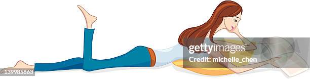 reading: lying down on a pillow - girl lying down stock illustrations