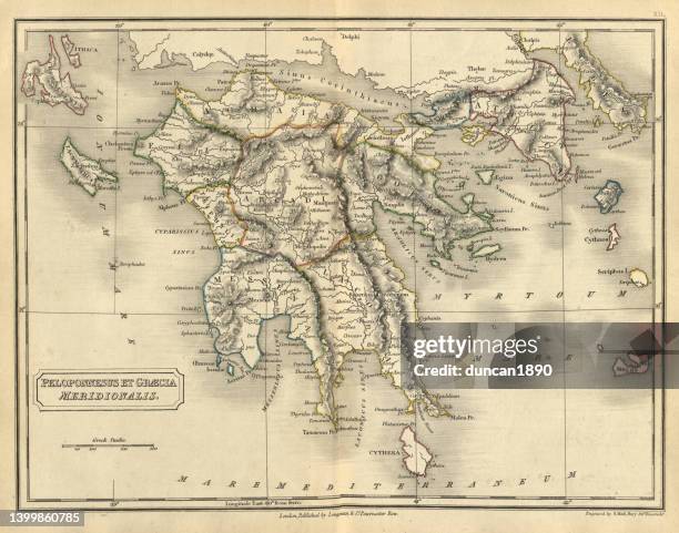 stockillustraties, clipart, cartoons en iconen met antique map of ancient greece, peloponnesus et graecia meridionalis - sparta greece