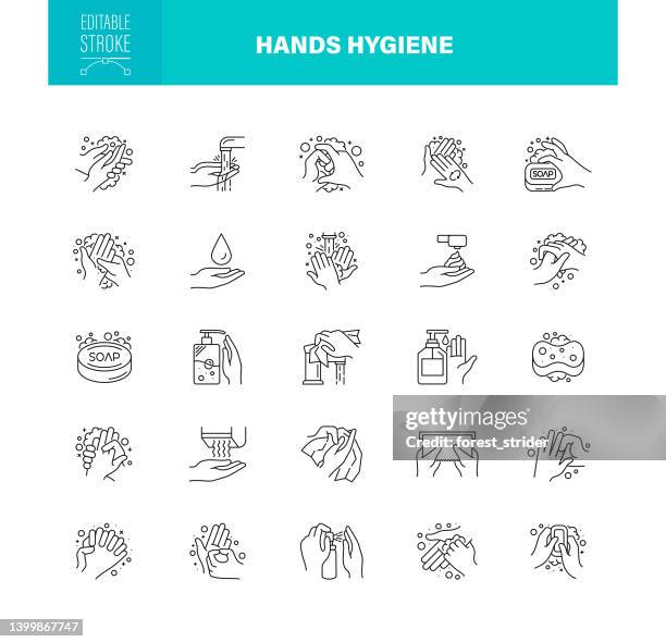 stockillustraties, clipart, cartoons en iconen met hand hygiene icons, editable stroke. contains such icons as washing gel, spray, gestures, wet wipes, soap - hand rubbing