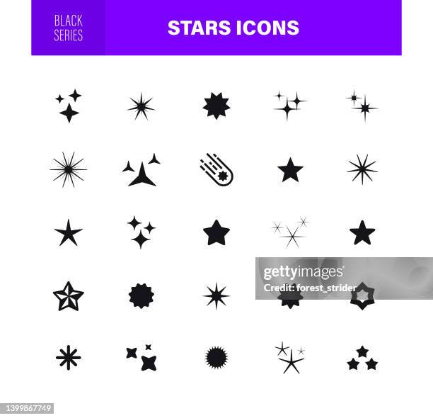 illustrazioni stock, clip art, cartoni animati e icone di tendenza di icone delle stelle. serie nera. il set contiene icone come sparkle, falling star, fuochi d'artificio, twinkle, glow, star shape, celebritie, - celebrità