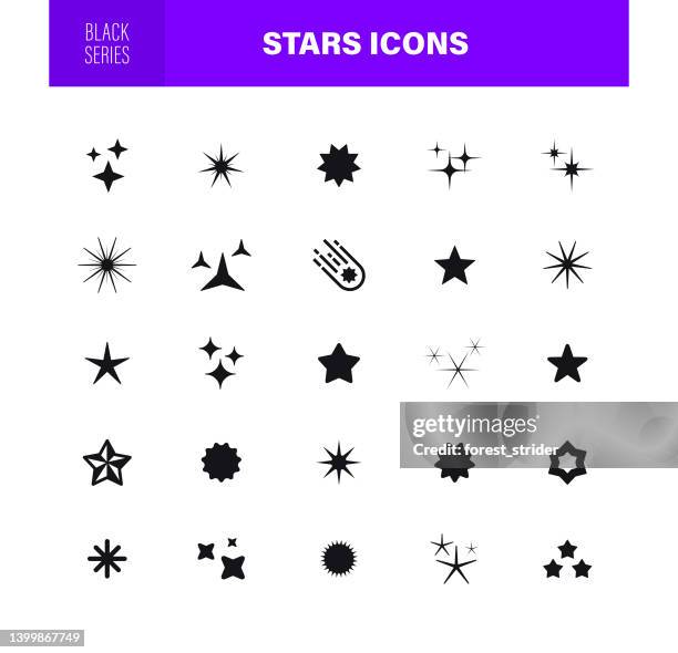 illustrazioni stock, clip art, cartoni animati e icone di tendenza di icone delle stelle. serie nera. il set contiene icone come sparkle, falling star, fuochi d'artificio, twinkle, glow, star shape, celebritie, - glittering