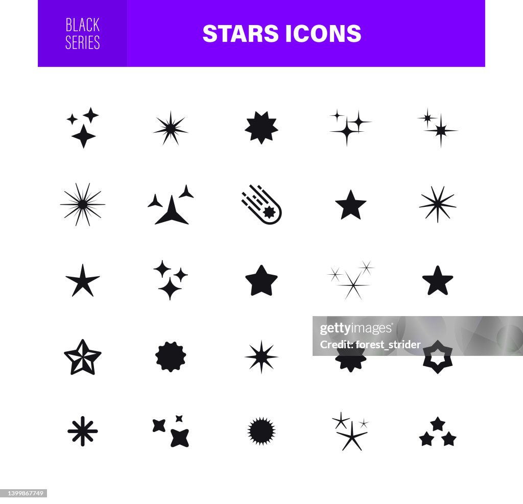Stars Icons. Black Series. The set contains icons as Sparkle, Falling Star, firework, Twinkle, Glow, Star Shape, Celebritie,