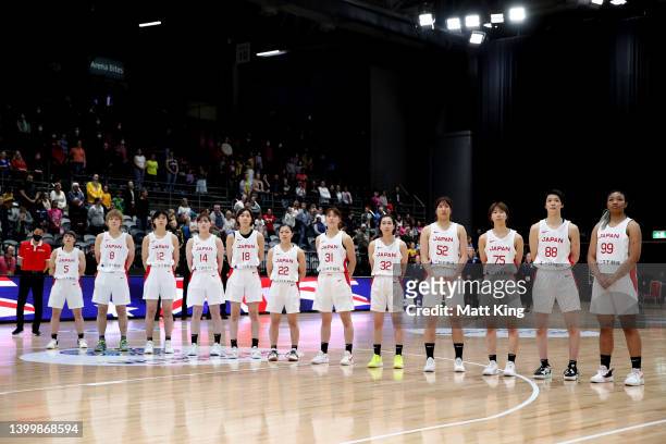 Japan lines up for the national anthems during game two of the International Women's series between Australian Opals and Japan at Quay Centre on May...