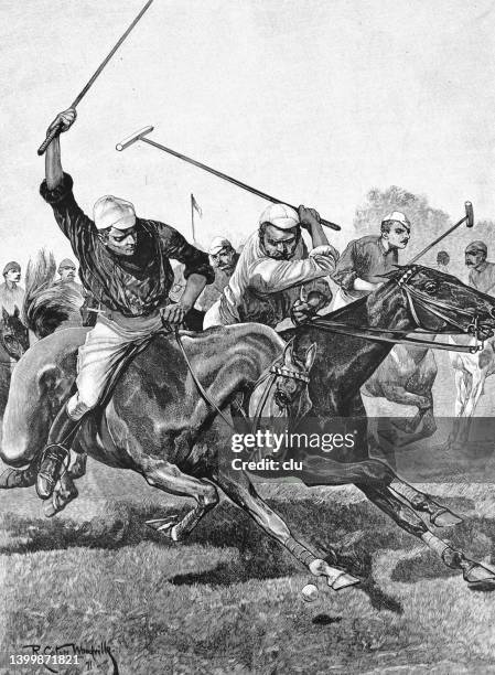 polo match, two riders in action - polo stock illustrations