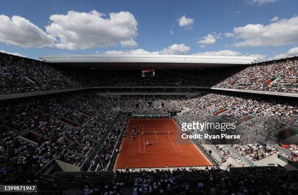 General view as Gilles Simon of France plays against Marin Cilic of Croatia during the Men's Singles Third Round match on Day 7 of The 2022 French...
