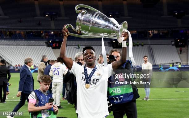 Vinicius Junior of Real Madrid during the celebration following the UEFA Champions League final match between Liverpool FC and Real Madrid at Stade...
