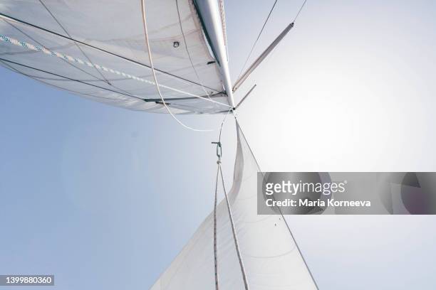 sun shining from behind the sails of a yacht. - großsegler stock-fotos und bilder