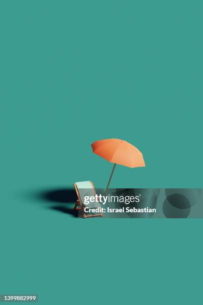 3d illustration of a beach chair next to an umbrella. concept of vacation, relax and summer. - beach umbrella isolated stockfoto's en -beelden