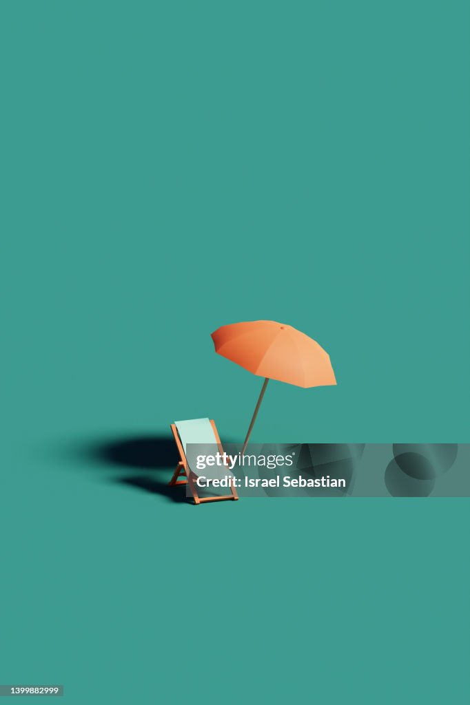 3d illustration of a beach chair next to an umbrella. Concept of vacation, relax and summer.