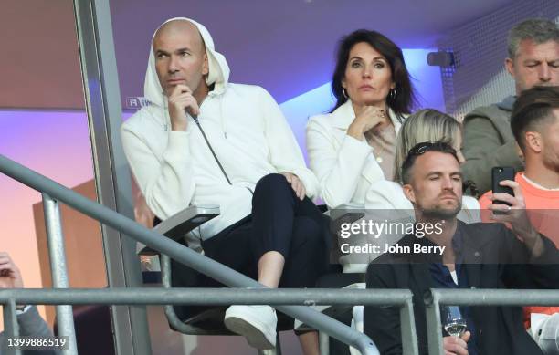 Zinedine Zidane and his wife Veronique Zidane during the UEFA Champions League final match between Liverpool FC and Real Madrid at Stade de France on...