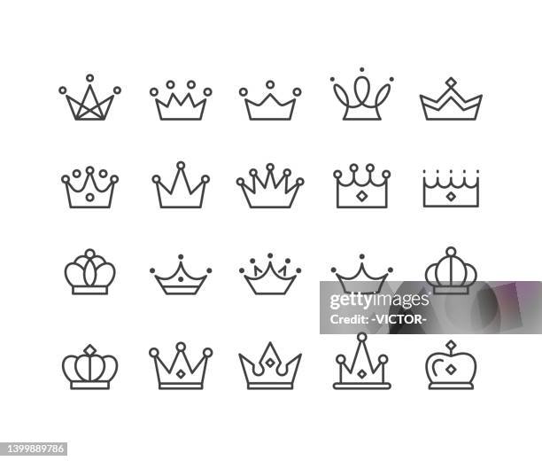 ilustraciones, imágenes clip art, dibujos animados e iconos de stock de iconos de corona - serie classic line - corona accesorio de cabeza