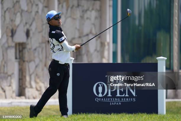 Shingo Katayama of Japan hits his tee shot on the 10th hole during The Open Qualifying Series, part of the Mizuno Open at JFE Setonaikai Golf Club on...