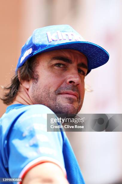Fernando Alonso of Spain and Alpine F1 looks on from the drivers parade ahead of the F1 Grand Prix of Monaco at Circuit de Monaco on May 29, 2022 in...