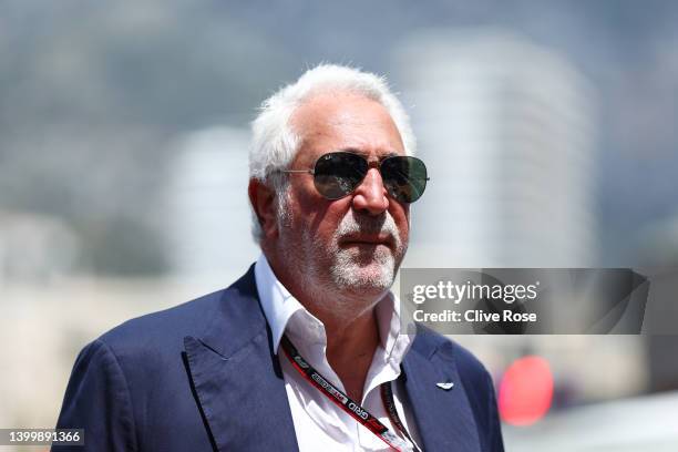 Owner of Aston Martin F1 Team Lawrence Stroll walks in the Paddock ahead of the F1 Grand Prix of Monaco at Circuit de Monaco on May 29, 2022 in...