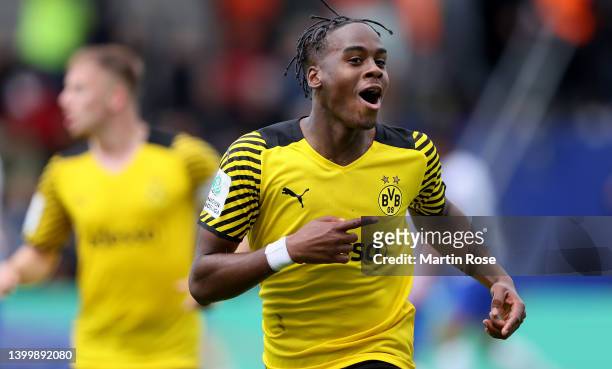 Jamie Jermaine Bynoe Gittens of Borussia Dortmund U19 celebrates after he scores a goal during the A Junior German Championship Final between Hertha...