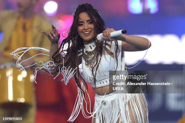 Camila Cabello performs in the pre-match show prior to the UEFA Champions League final match between Liverpool FC and Real Madrid at Stade de France...