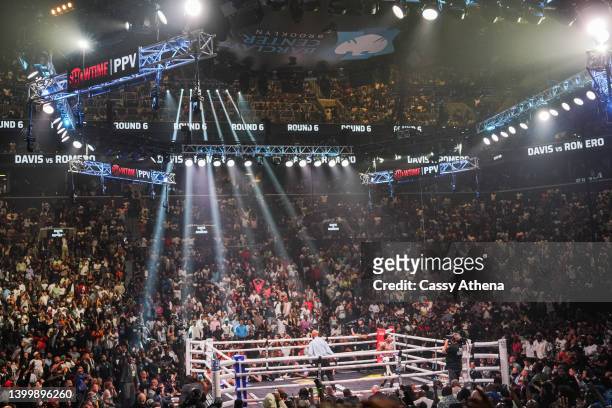 Gervonta Davis celebrates during his WBA World Lightweight Championship title bout between against Rolando Romero at the Barclays Center in Brooklyn...