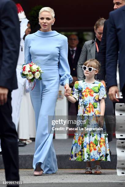 Pricess Charlene of Monaco and her daughter Princess Gabriella of Monaco attend the F1 Grand Prix of Monaco at Circuit de Monaco on May 29, 2022 in...