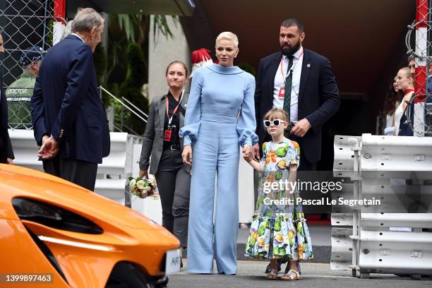 Pricess Charlene of Monaco and her daughter Princess Gabriella of Monaco attend the F1 Grand Prix of Monaco at Circuit de Monaco on May 29, 2022 in...