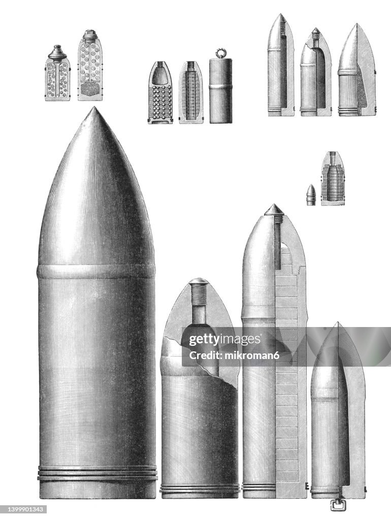 Segmented Shells Old Engraved Illustration Of Bullets Shrapnel And Segment Shells High ...