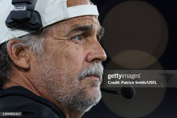 Head coach Jeff Fisher of the Michigan Panthers looks on against the New Orleans Breakers at Protective Stadium on May 28, 2022 in Birmingham,...