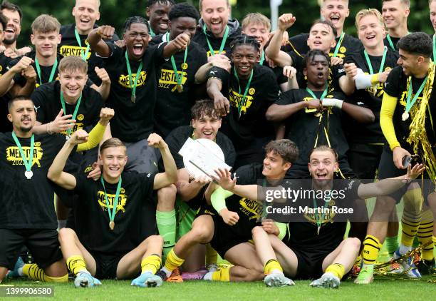 Silas Ostrzinski , goalkeeper of Borussia Dortmund U19 lifts the trophy after the A Junior German Championship Final between Hertha BSC U19 and...