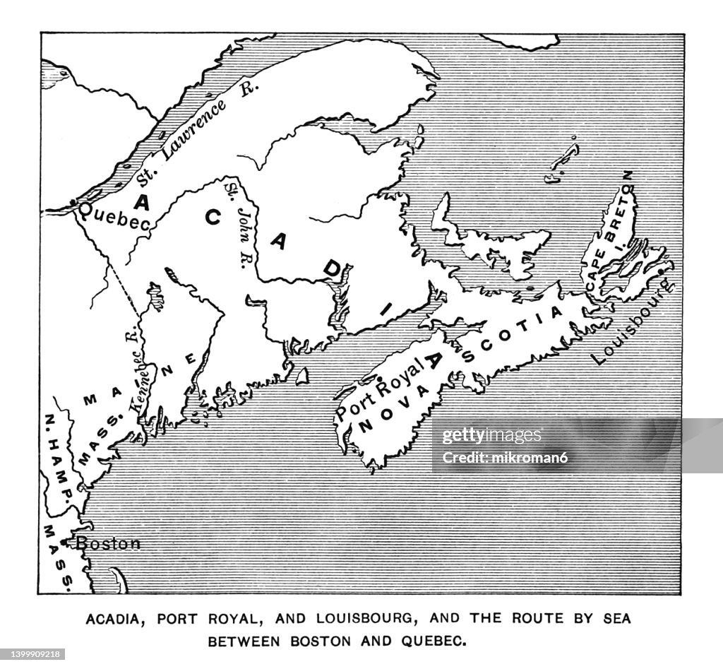 Old engraved map of Acadia, Port Royal and Louisbourg and the route by sea between Boston and Quebec