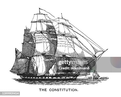 Old engraved illustration of USS Constitution, Old Ironsides - three-masted wooden-hulled heavy frigate of the United States Navy